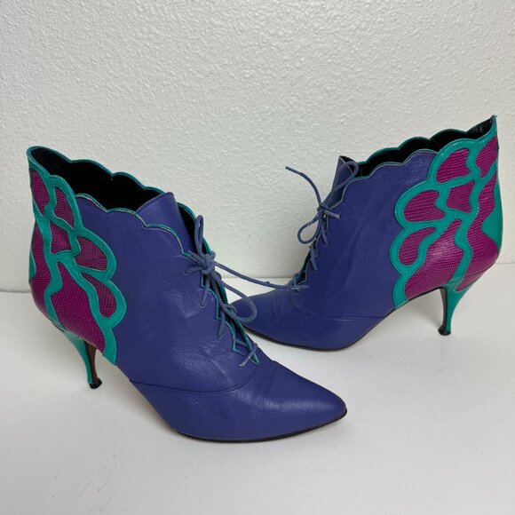 Beverly Feldman Shoes - Beverly Feldman  Heeled Boots Lace up  Colorblock Purple Soft Leather Sz 7.5
